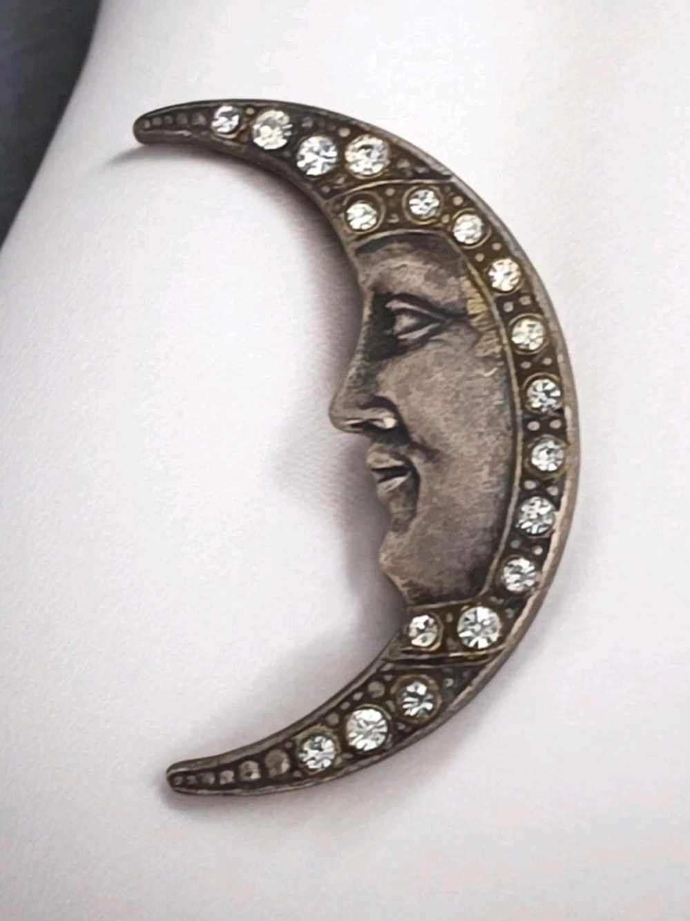 Vintage Crescent Moon Face Brooch Rhinestone Celestial Silvertone